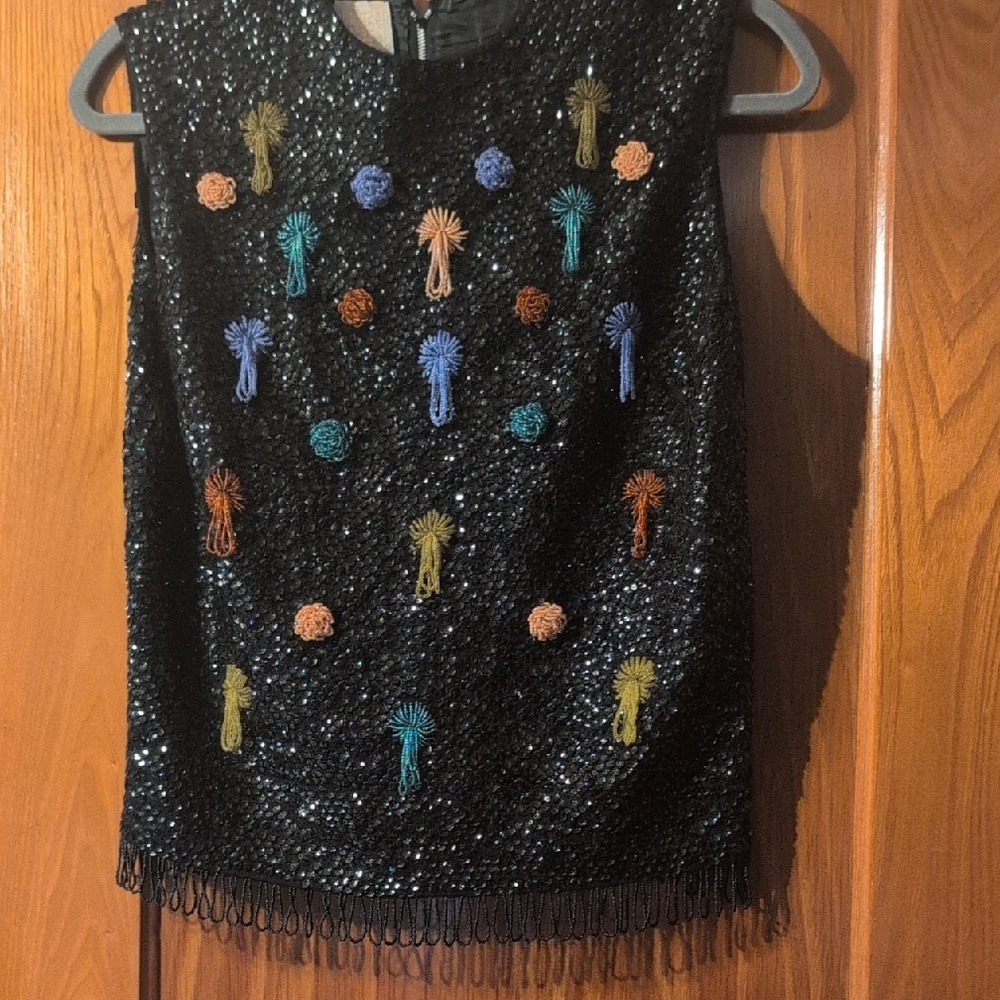 Ardell Black Sequin Top with Colorful Embellishments